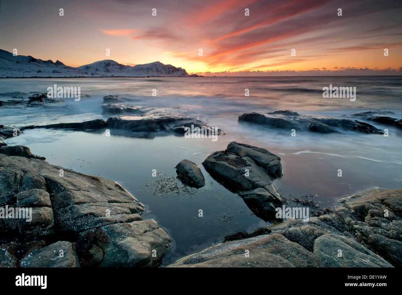 Evening at Skagsanden, a beach near Flakstad, Flakstadøy, Lofoten, Nordland, Norway Stock Photo