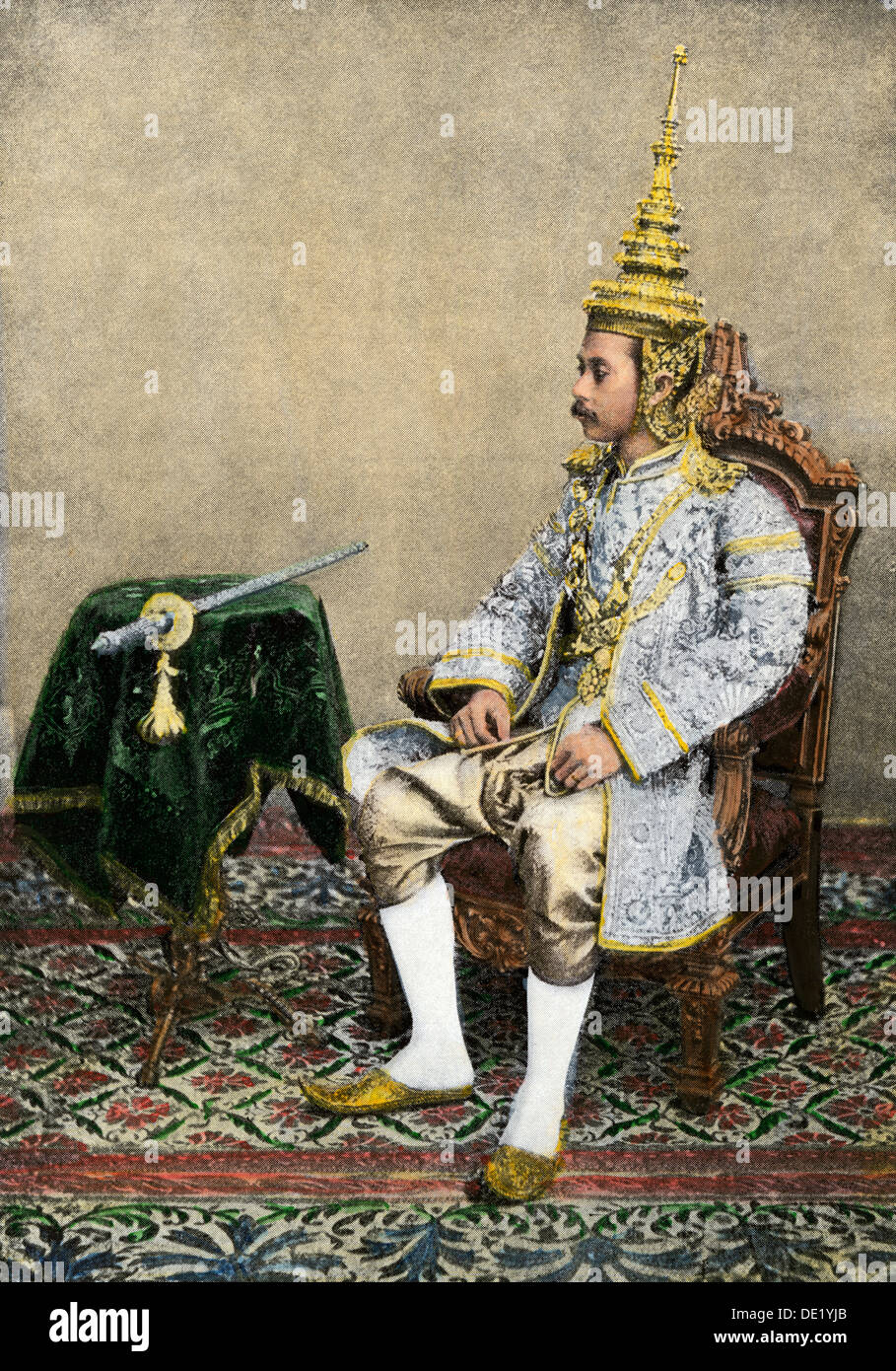 Rama V (Chulalongkorn), King of Siam, in his royal attire, circa 1900. Hand-colored halftone reproduction of a photograph Stock Photo