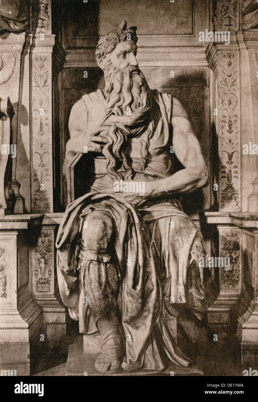 Michelangelo's statue of Moses holding the Ten Commandments. Photograph