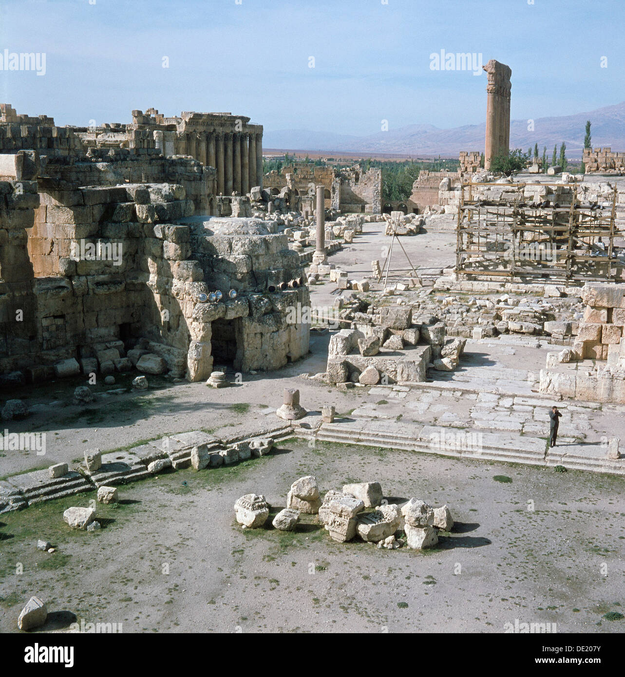 A view towards the temple precinct of Baalbek, the ancient Heliopolis which rose to prominence during the later Hellenistic and Roman period. Stock Photo