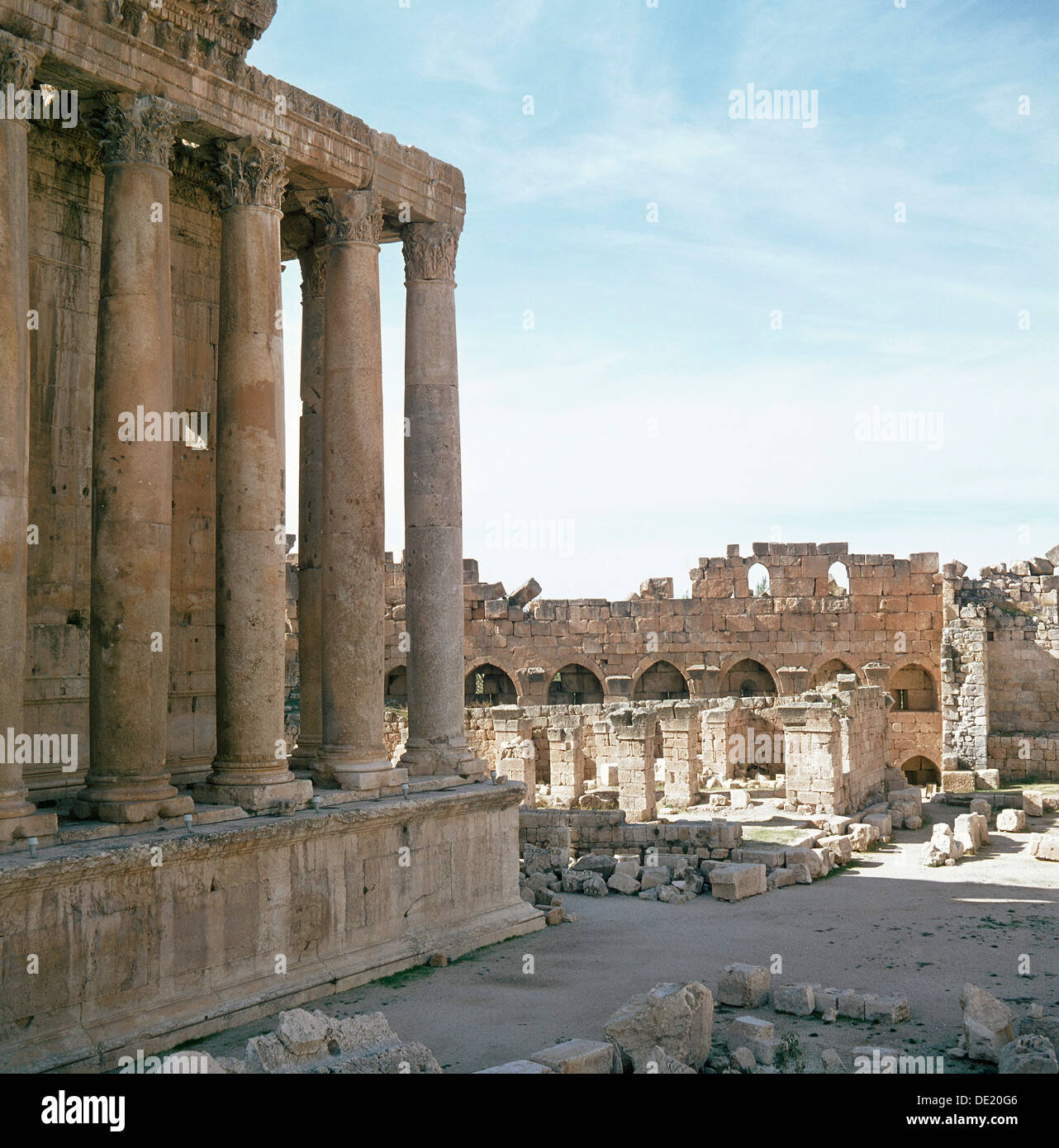 A view towards the temple precinct of Baalbek, the ancient Heliopolis which rose to prominence during the later Hellenistic and Roman period. Stock Photo