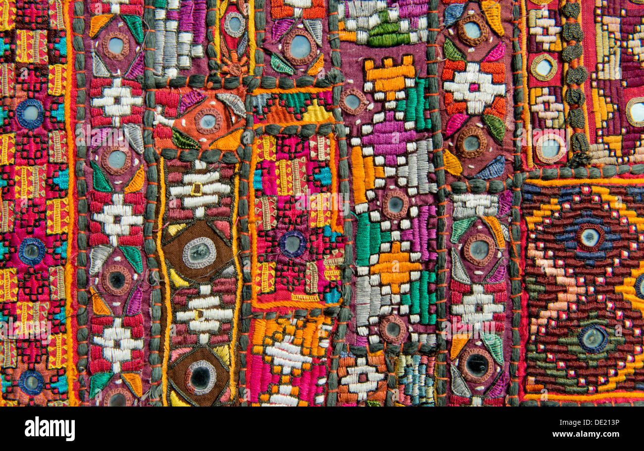 Traditional wall hanging from Rajasthan, colourful, inlaid with mirrors and different patterns, detail, Udaipur, Rajasthan Stock Photo