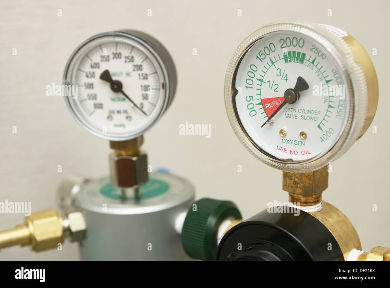 Oxygen in tank exhausted and indicated on gages to refill Stock Photo