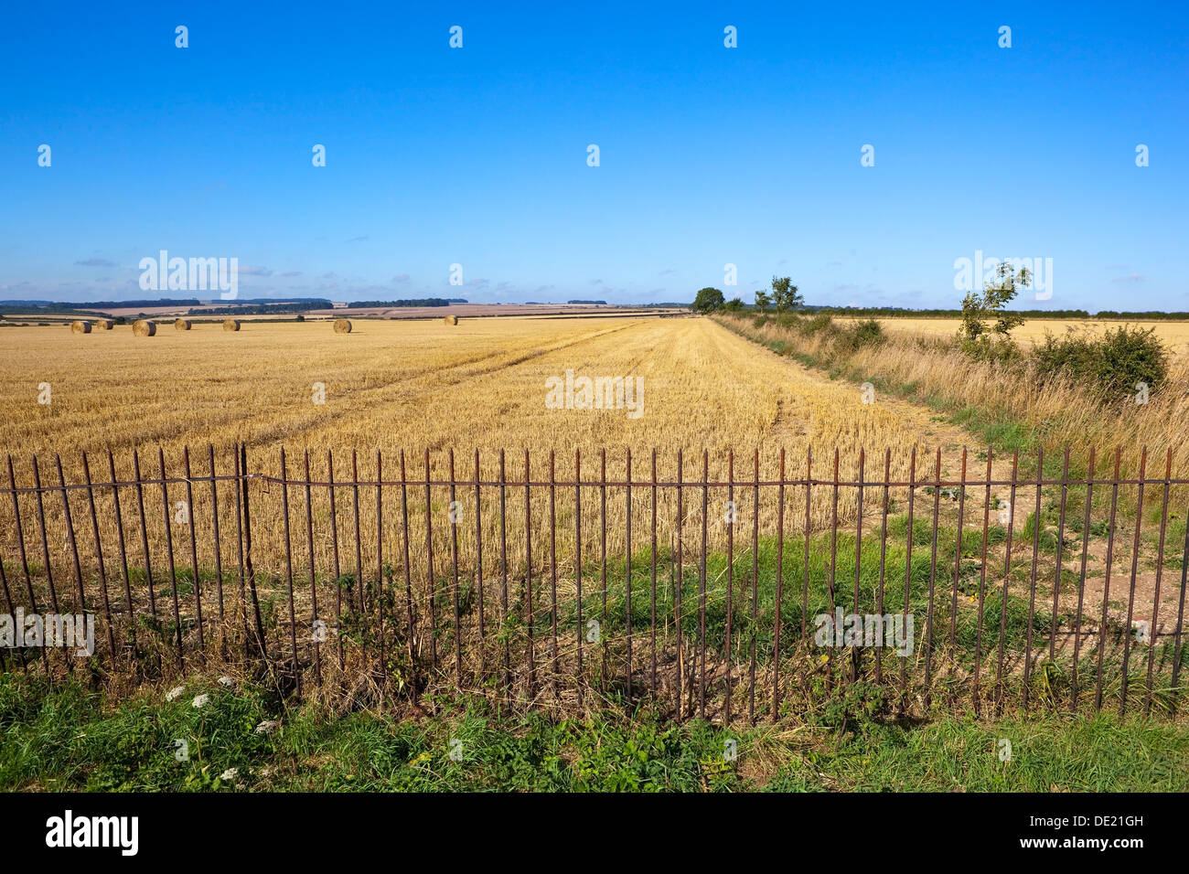 Summer landscape with golden stubble fields viewed over an old rusty ...