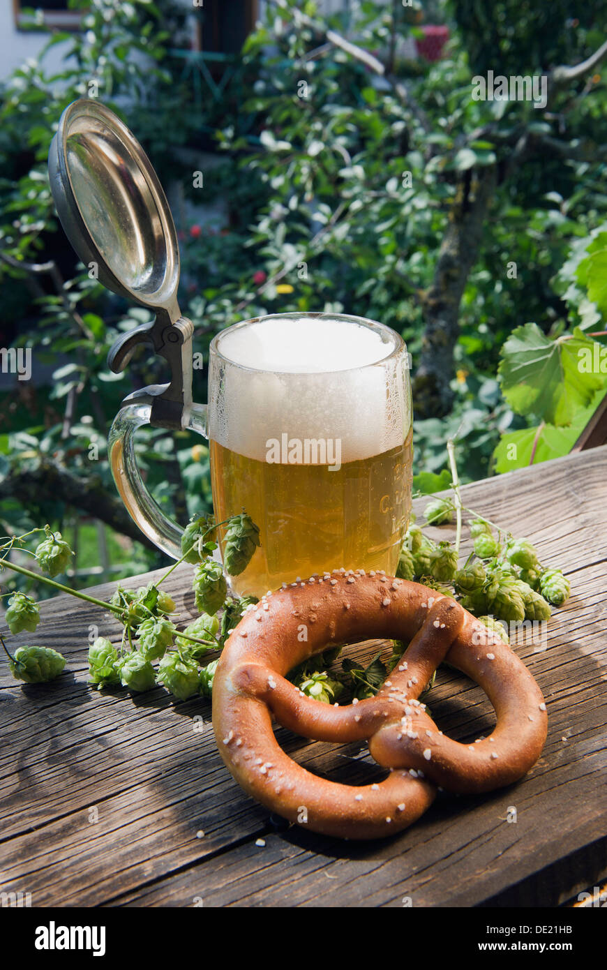 A one-litre beer mug or stein with pretzel, Hallertau, Bavaria Stock Photo