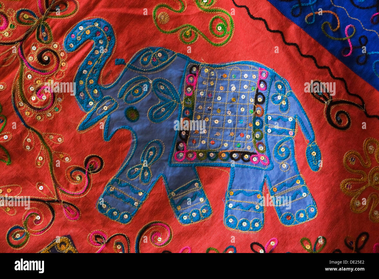 Embroidered elephant on a piece of cloth, at an Arab souk, Granada, Granada province, Andalusia, Spain Stock Photo
