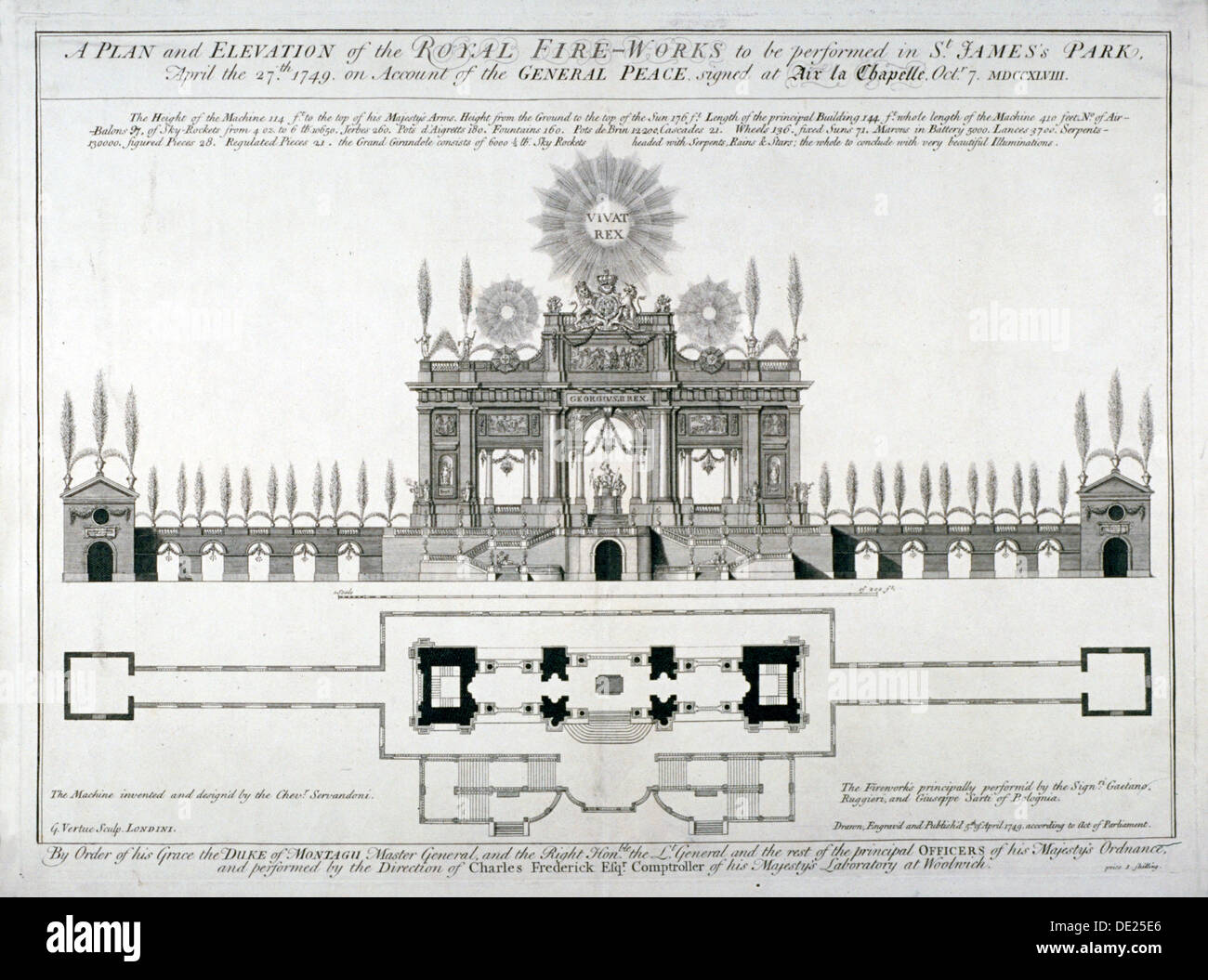 Plan and elevation of the royal fireworks to be performed in St James's Park, London, 1749. Artist: George Vertue Stock Photo