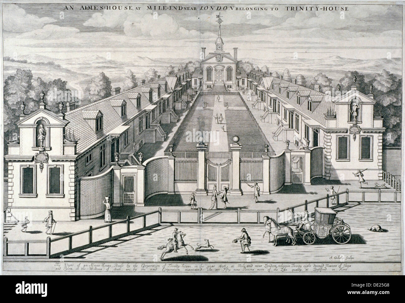 Trinity Almshouses, Mile End Road, Stepney, London, 1696. Artist: Simon Gribelin Stock Photo