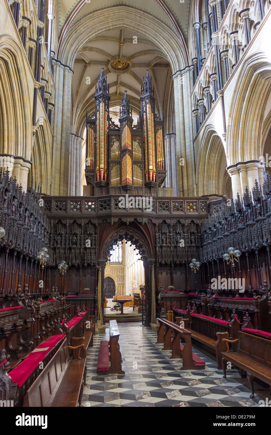 The Chancel of Beverley Minster with 16th Century carved wooden seats also know as misericords or mercy seats Stock Photo