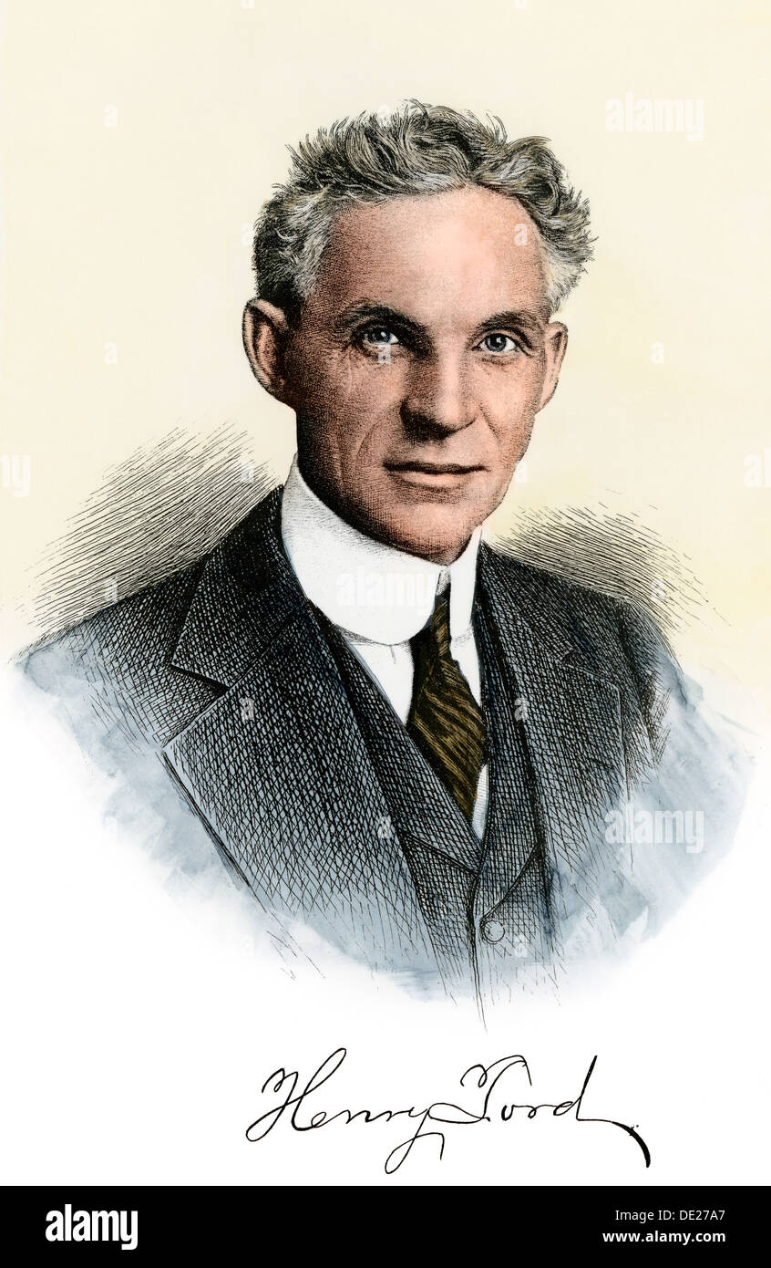Henry Ford portrait, with autograph. Hand-colored woodcut Stock Photo
