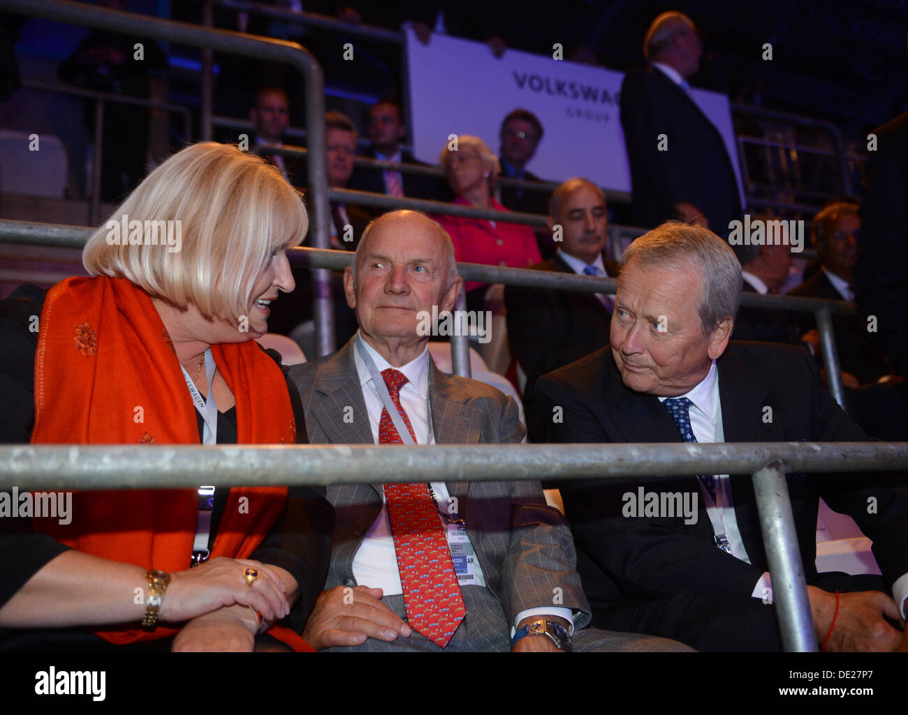 Frankfurt, Germany. 9th Sept, 2013. Ferdinand Piech (L-R), chairman of the supervisory board of VW with his wife Ursula, and Wolfgang Porsche, chairman of the supervisory board of Porsche, sit together at the Volkswagen group evening prior the Frankfurt Motor Show IAA in the Fraport Arena in Frankfurt/Main, Germany, 09 September 2013. Photo: ULI DECK Credit:  dpa picture alliance/Alamy Live News Stock Photo