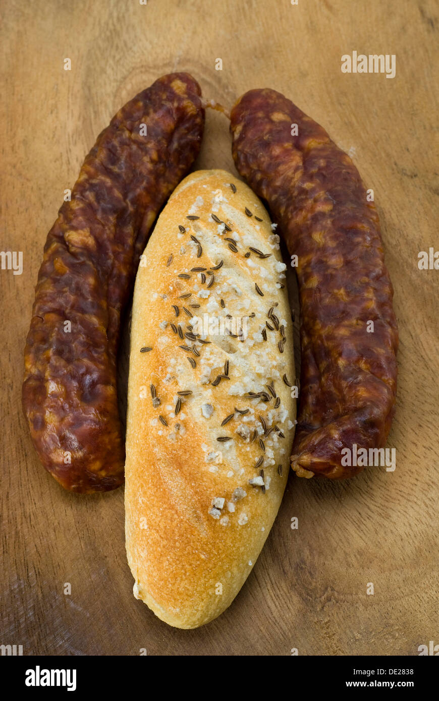 Polish sausages and salted roll Stock Photo