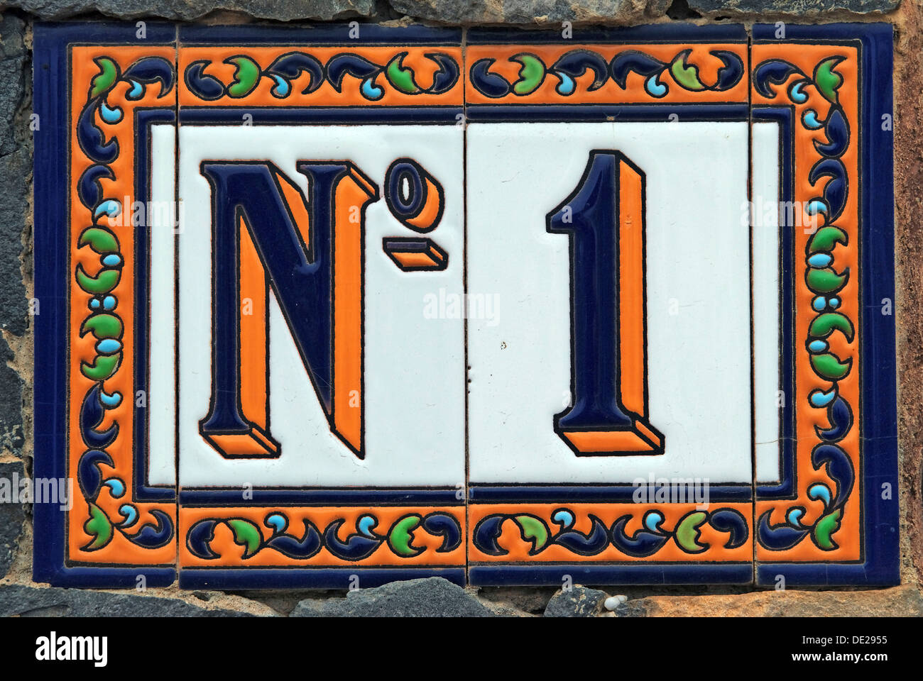 No. 1, street number on ceramic tiles, Tenerife island, Canary Islands, Spain, Europe Stock Photo