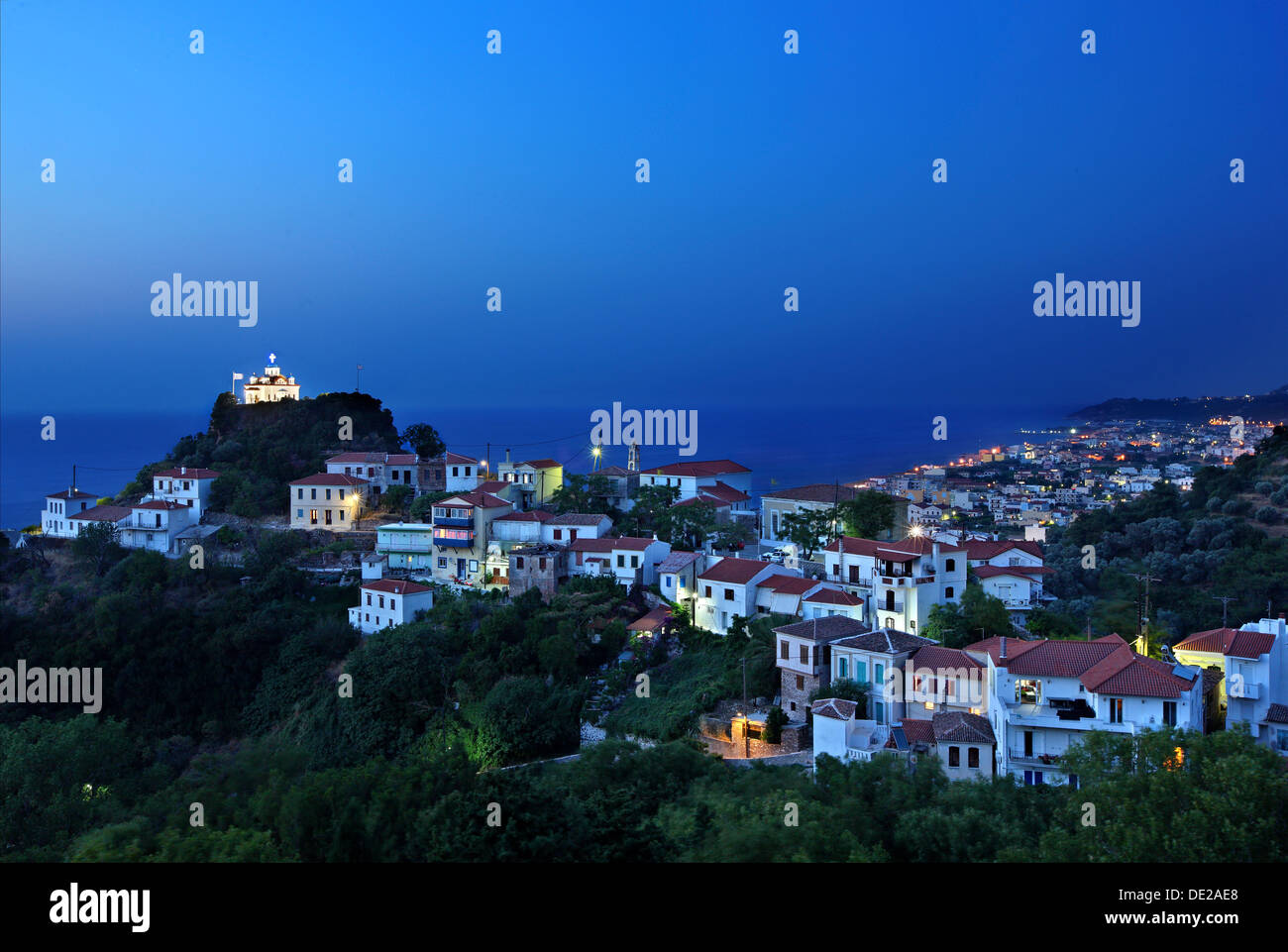Night view of (Palaio) Karlovasi, Samos island, Greece. Stock Photo