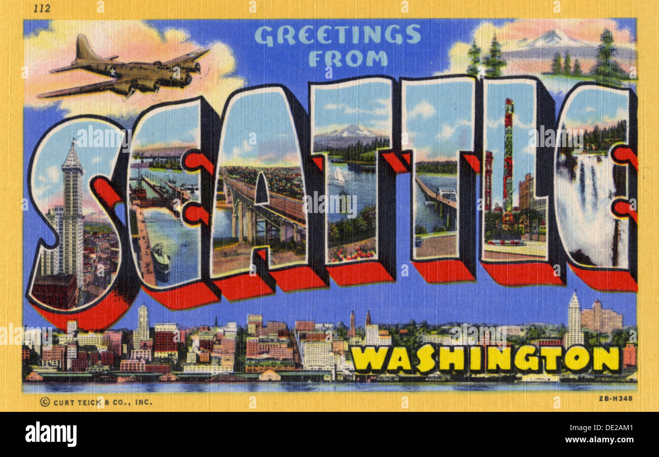 'Greetings from Seattle, Washington', USA, postcard, 1942. Artist