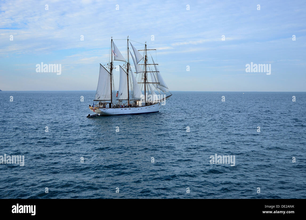 Marité (three-masted schooner, 1921, homeport : Granville), old fishing boat, leaving the fishing port of Granville (Normandy). Stock Photo
