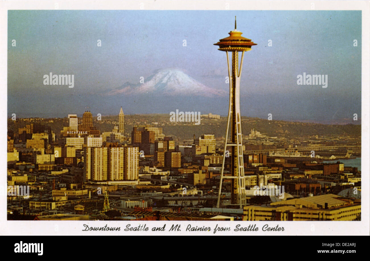 Downtown Seattle and Mount Rainier from the Seattle Center, Washington, USA, 1963. Artist: Unknown Stock Photo