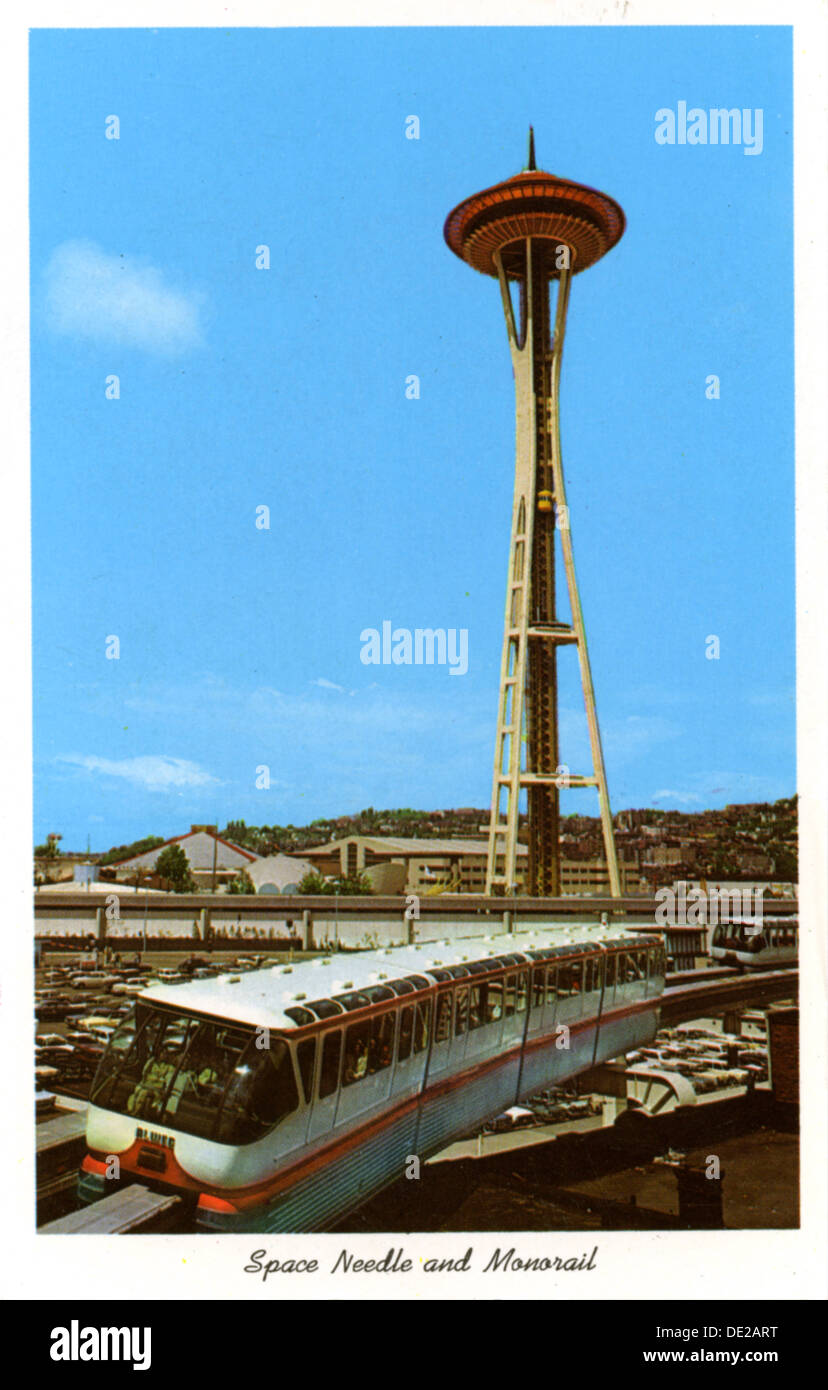 Space Needle and monorail, Seattle Center, Seattle, Washington, USA, 1963. Artist: Unknown Stock Photo