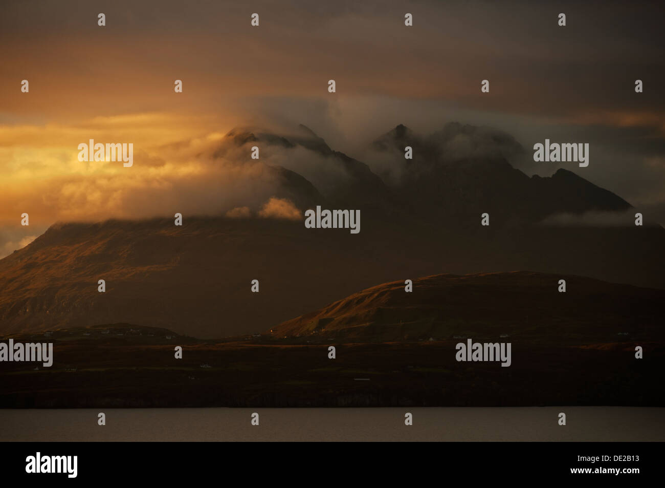 Sunset on the Cuillin hills over Loch Scavaig, from Elgol, Isle of Skye, Scotland, UK Stock Photo