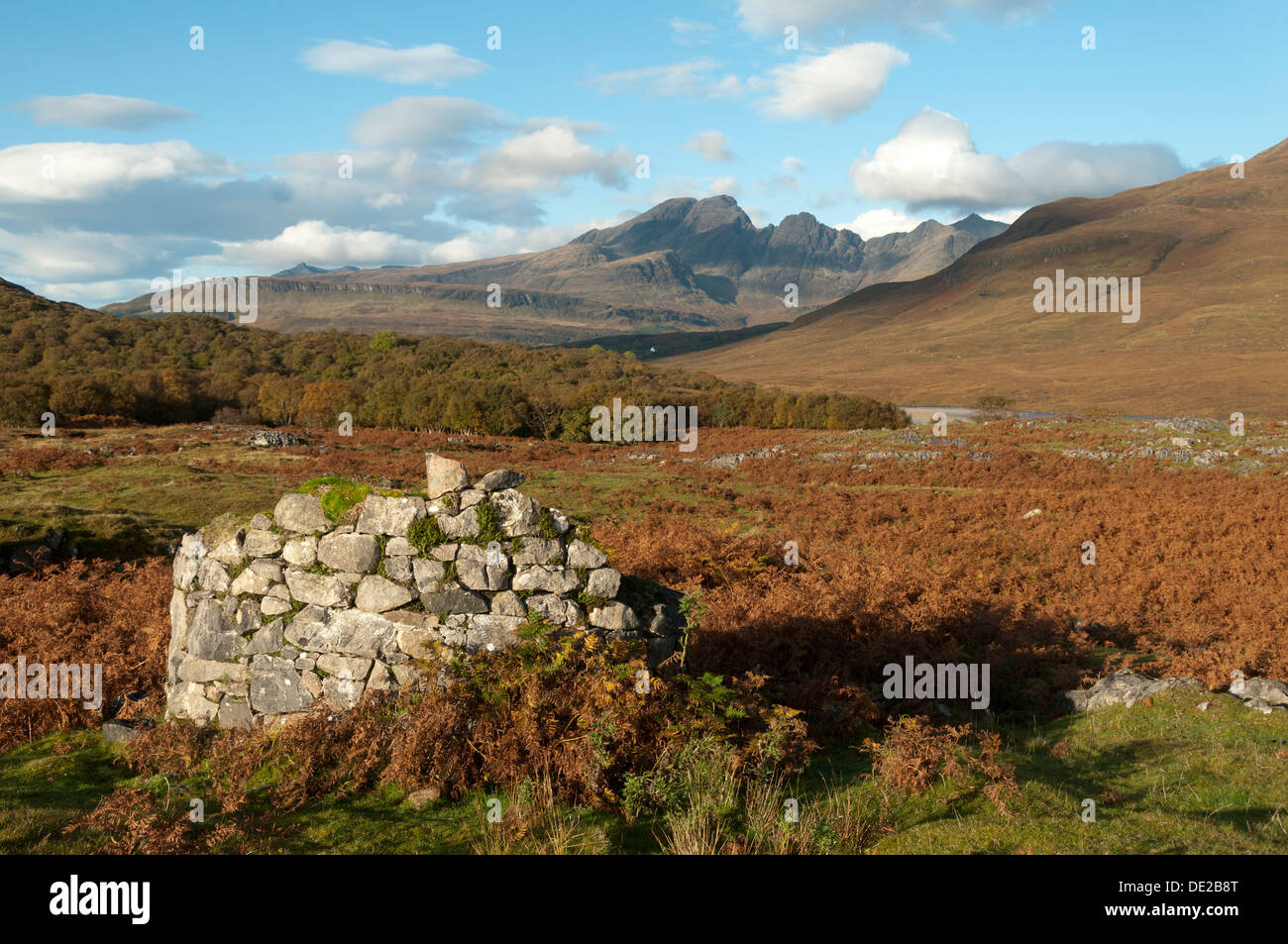 Bla Bheinn (Blaven) from an old quarry building near Kilbride in Strath Suardal, Isle of Skye, Scotland, UK Stock Photo