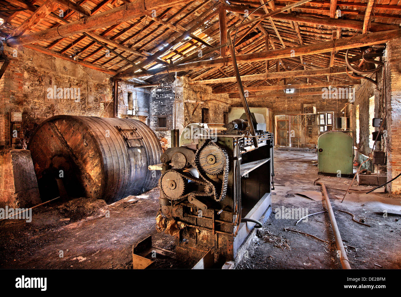 Inside an abandoned tannery in Karlovasi town, Samos island, Greece. Stock Photo
