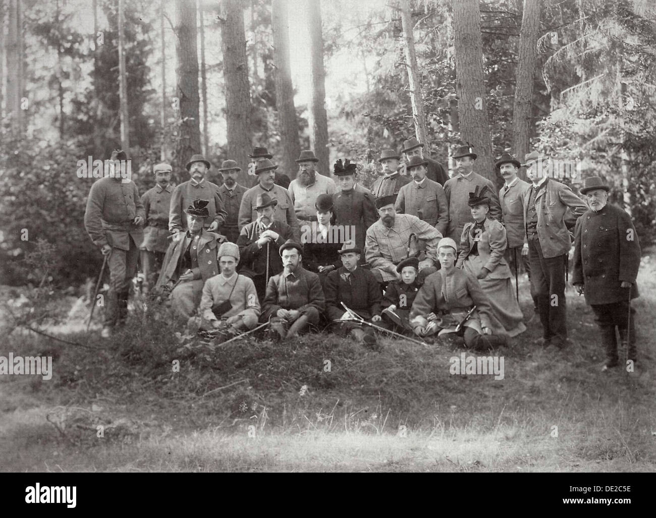 Tsar Alexander III with family and friends on a hunt in the Bialowieza Forest, Russia, 1894. Artist: Unknown Stock Photo
