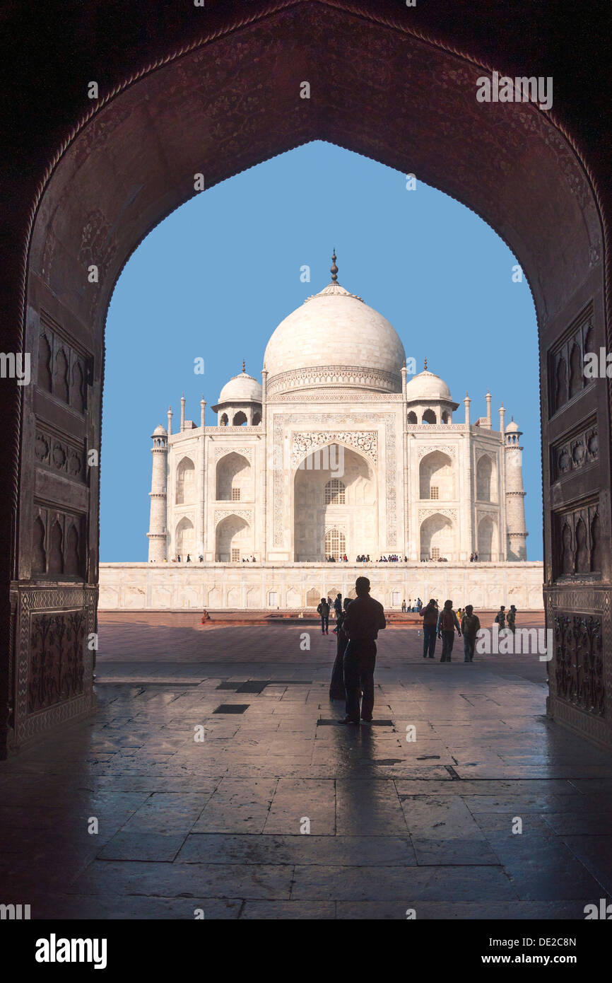 Taj Mahal mausoleum seen from inside mosque at India's Agra. Stock Photo