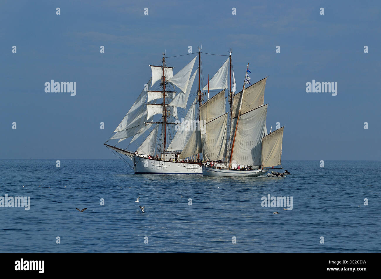 Granvillaise (Bisquine, old fishing boat, homeport : Granville) and Marité (three-masted schooner, 1921, homeport : Granville). Stock Photo