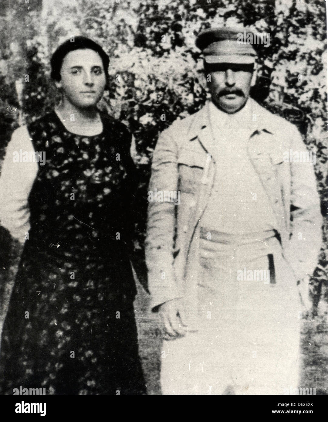 Soviet leader Josef Stalin with his second wife Nadezhda Alliluyeva, late 1920s. Artist: Unknown Stock Photo