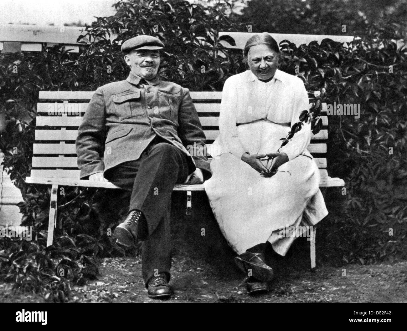 Russian Bolshevik leader Vladimir Lenin and Nadezhda Krupskaya, Gorki, USSR, 1922. Artist: Unknown Stock Photo