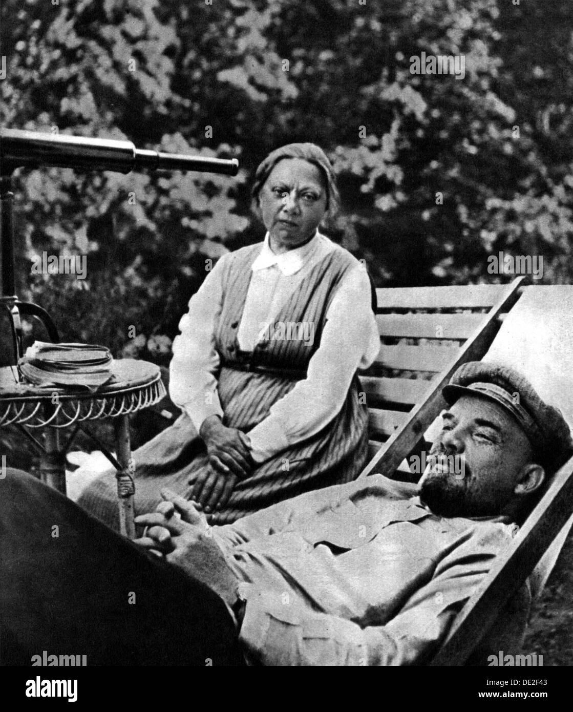 Russian Bolshevik leader Vladimir Lenin and Nadezhda Krupskaya, Gorki, USSR, 1922. Artist: Unknown Stock Photo