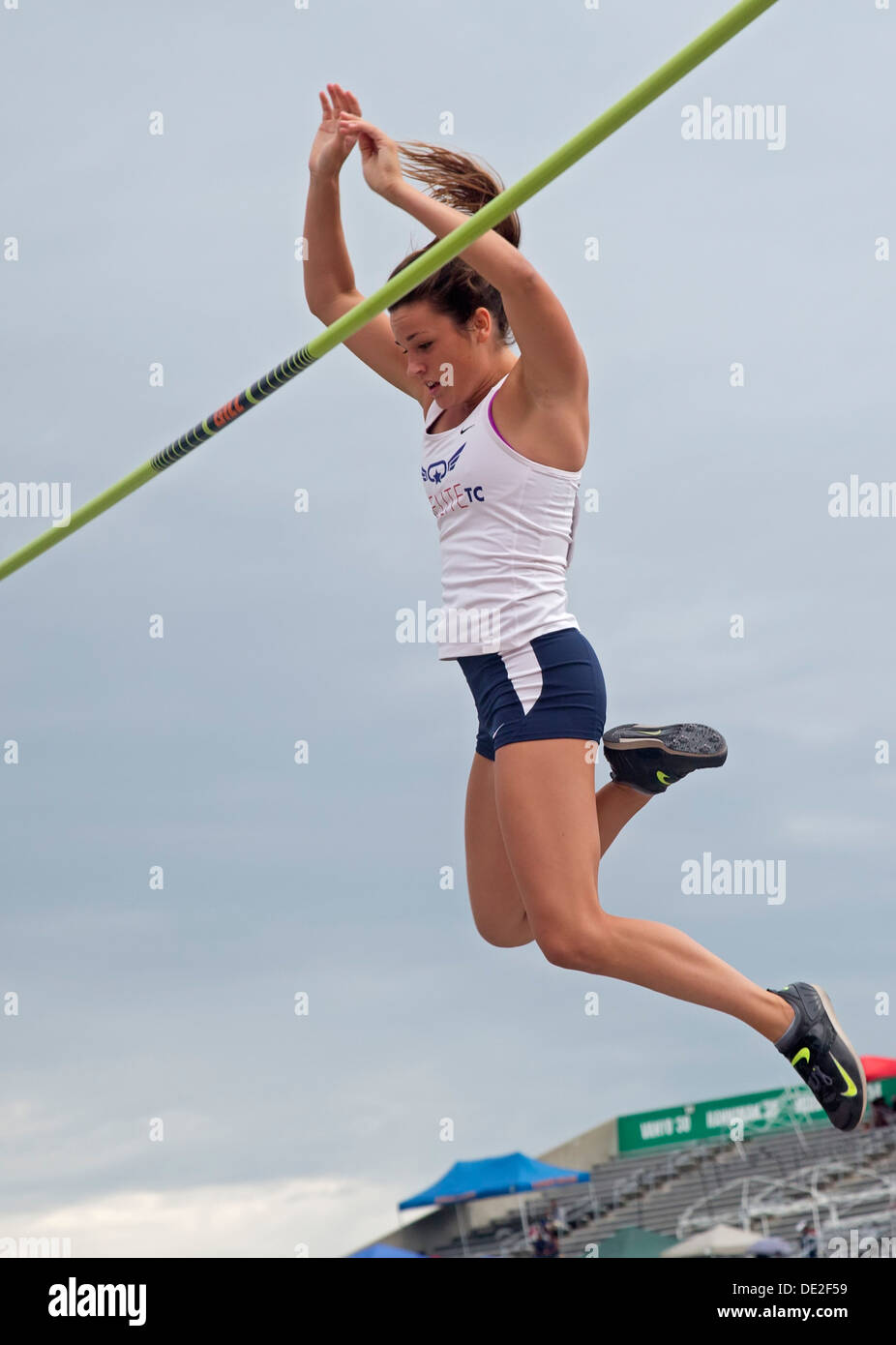 Ypsilanti, Michigan - Women's pole vault competition during the track and field events at the AAU Junior Olympic Games. Stock Photo