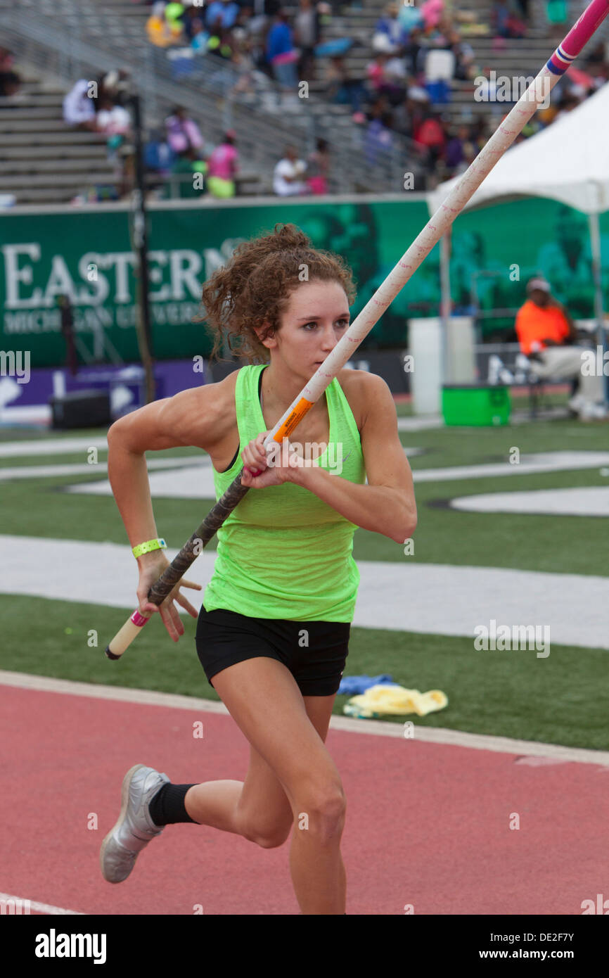 Ypsilanti, Michigan - Women's pole vault competition during the track and field events at the AAU Junior Olympic Games. Stock Photo