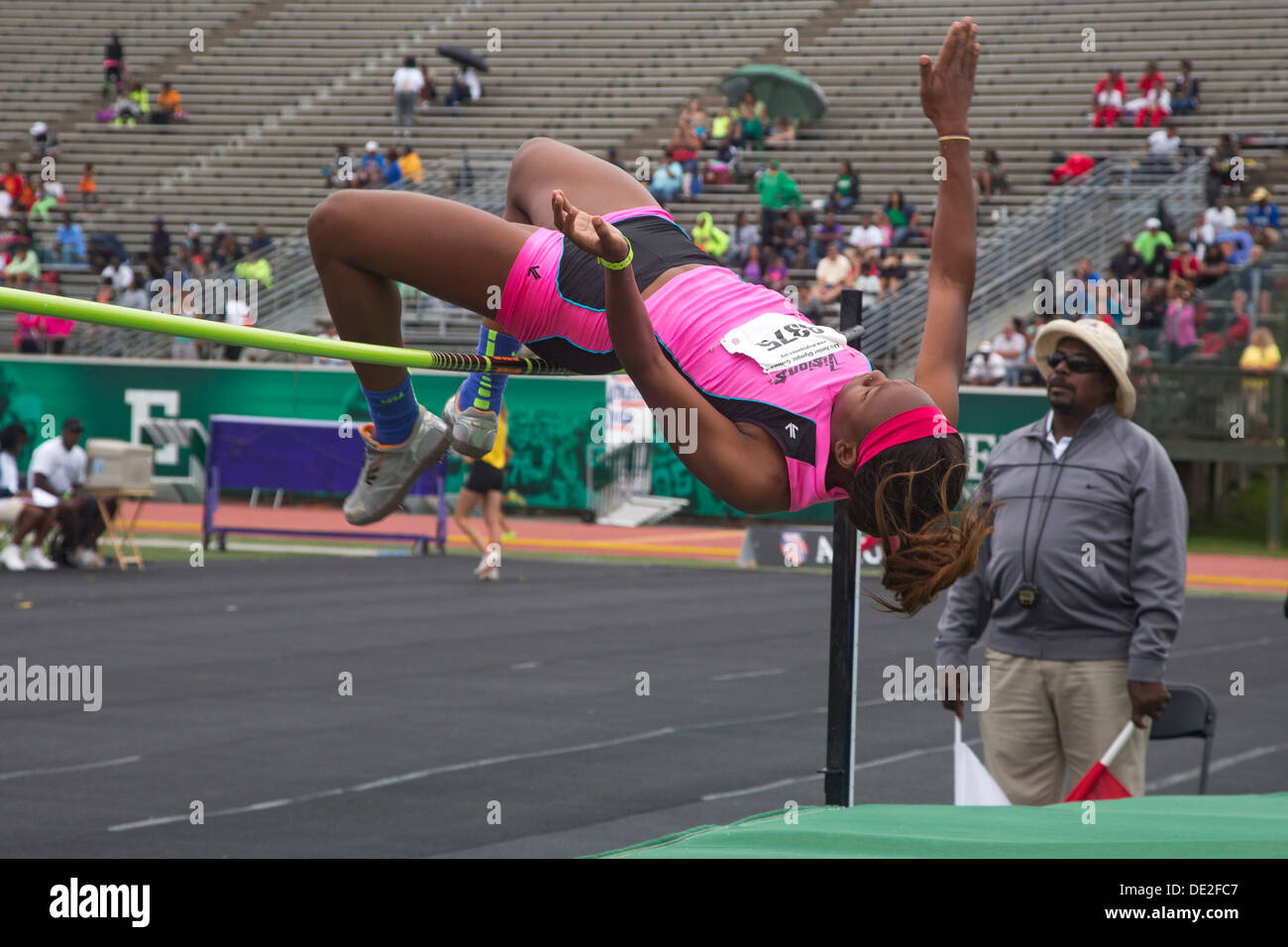 Ypsilanti, Michigan - High jump competition during the track and field events at the AAU Junior Olympic Games. Stock Photo