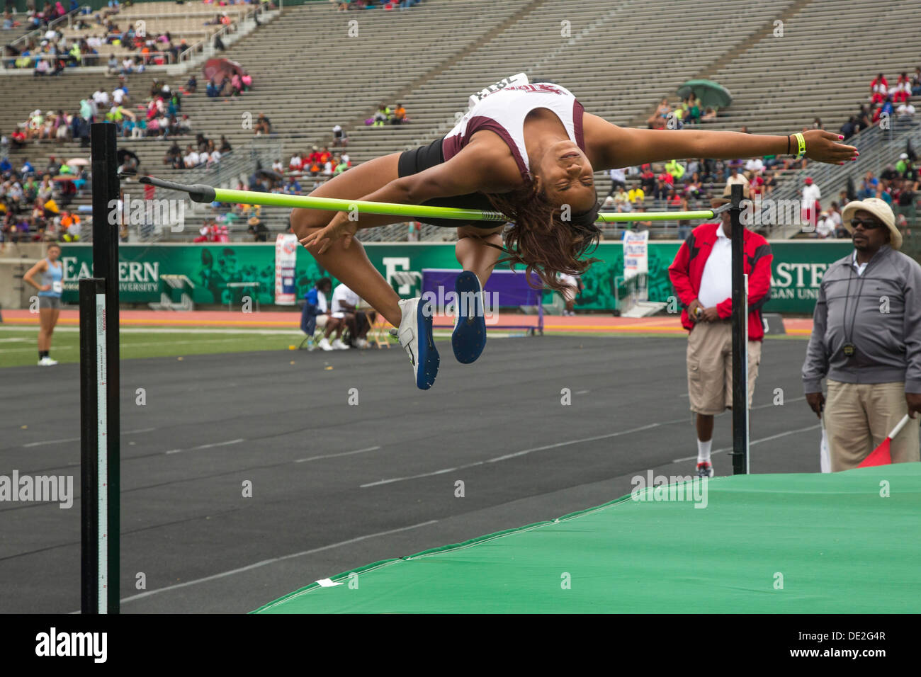 Ypsilanti, Michigan - High jump competition during the track and field events at the AAU Junior Olympic Games. Stock Photo
