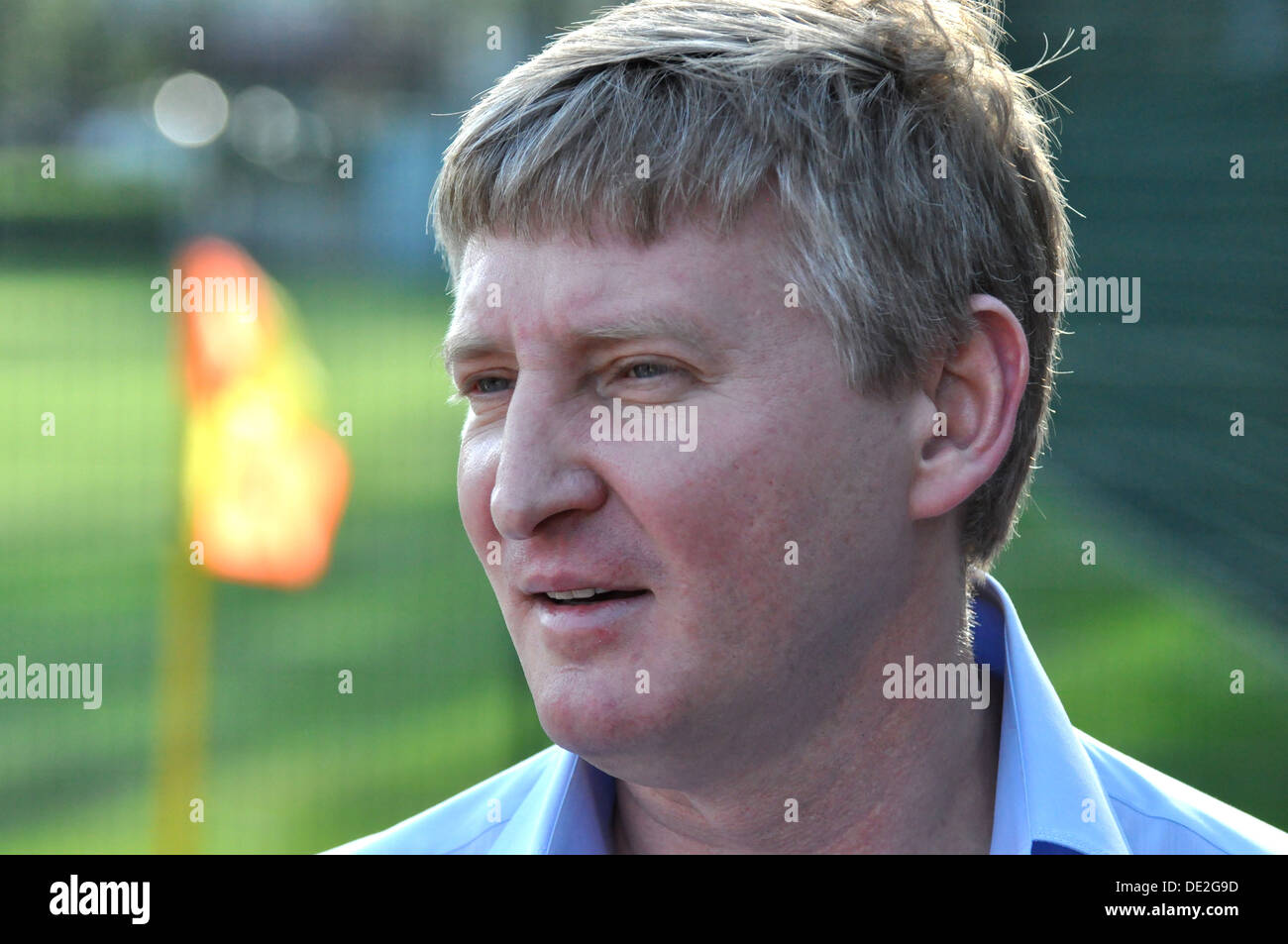 Rinat Akhmetov gives an interview during open training session of