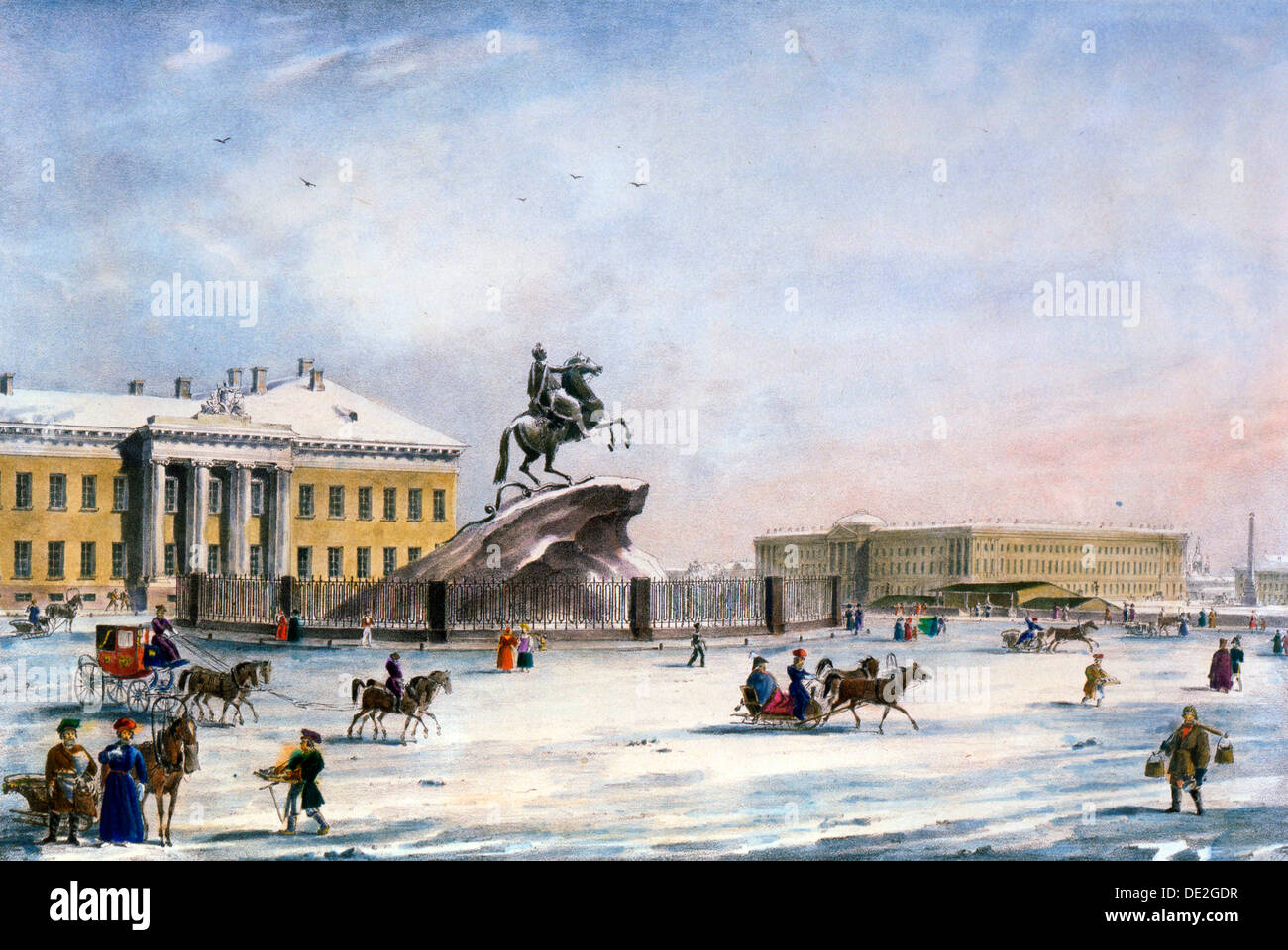 Monument of Peter the Great in the Senate Square of St Petersburg, Russia, winter, 1822. Artist: Anon Stock Photo