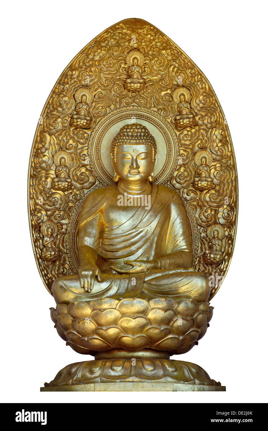 A gilded bronze sculpture of the Buddha at the Peace Pagoda, Battersea Park, London. Stock Photo