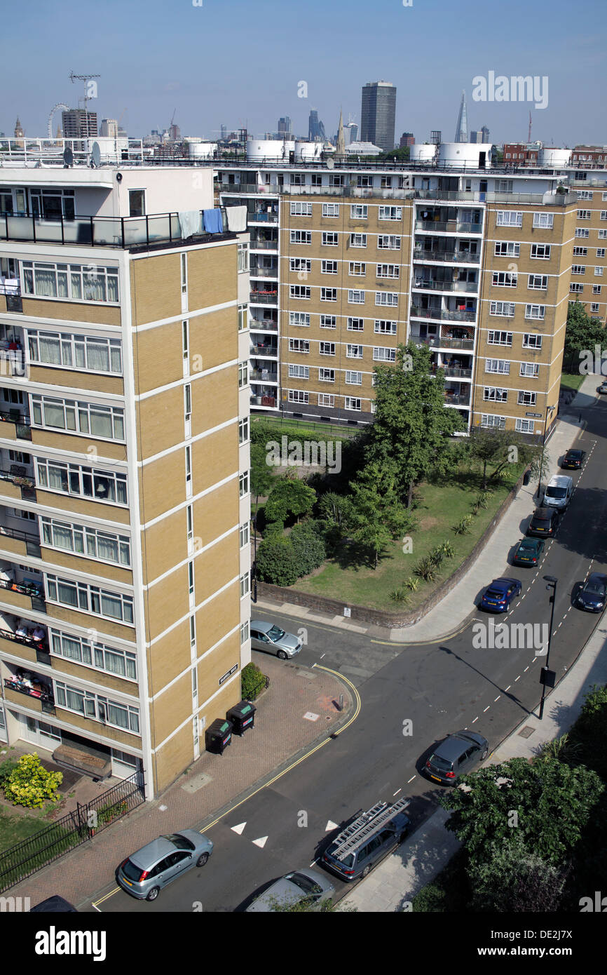 Looking down on part of the Churchill Gardens Estate, Pimlico, London - multi-storey housing blocks with green space in between. Stock Photo