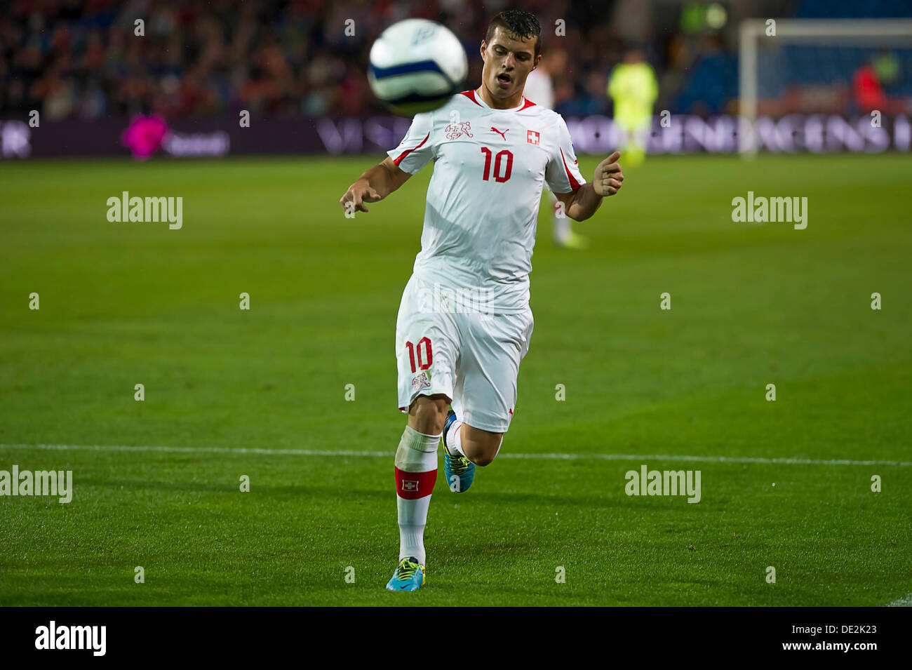 Oslo, Norway . 10th Sep, 2013. Granit Xhaka of Switzerland  in action during the 2014 FIFA World Cup  UEFA  Group E qualifying match between Norway vs Switzerland at  Ullevaal Stadion in Oslo, Norway. Credit:  Action Plus Sports Images/Alamy Live News Stock Photo