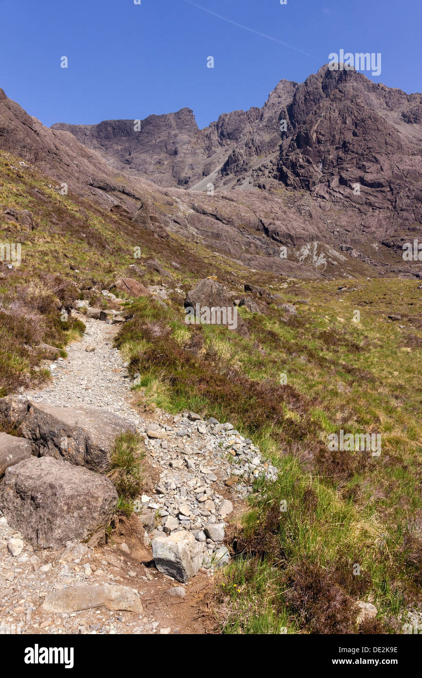 Footpath leading to Coire Lagan high in the Cuillin Mountains, Glenbrittle, Isle of Skye, Scotland, UK Stock Photo
