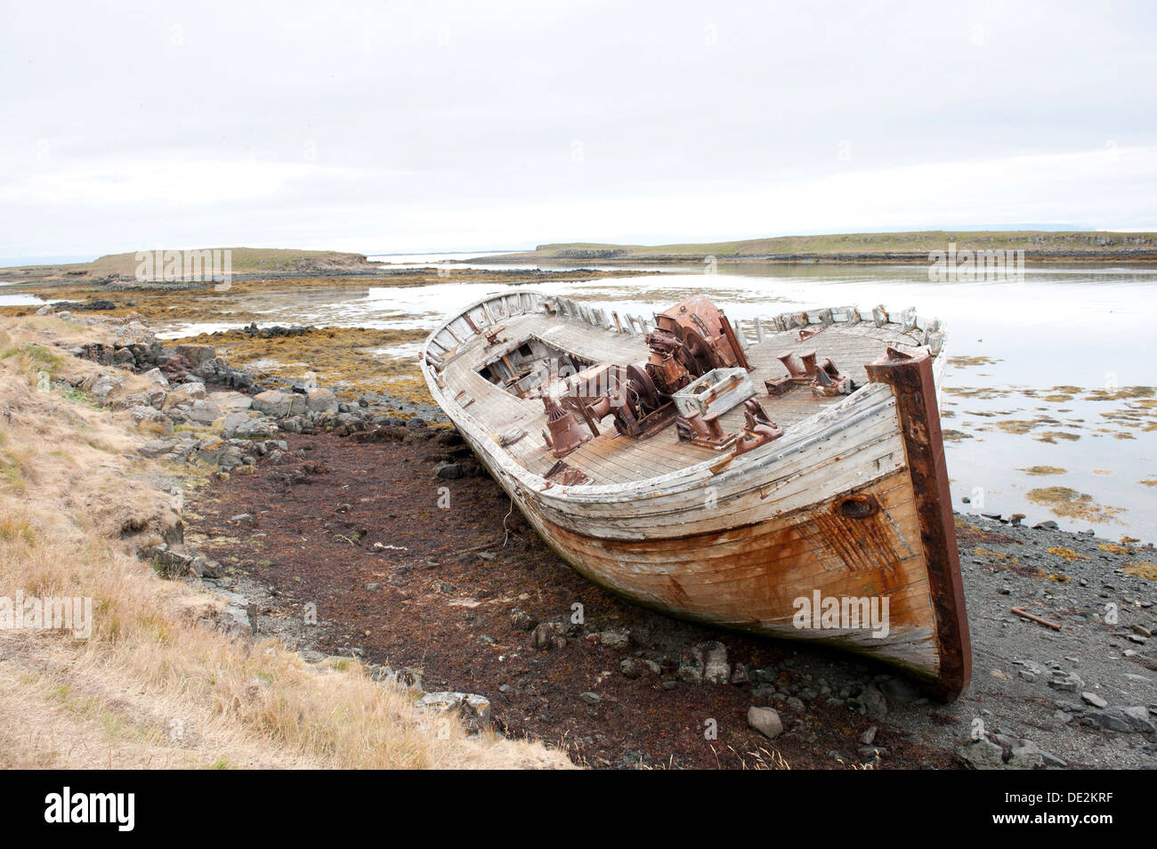 Shipwreck on the beach, Flatey, Iceland, Scandinavia, Northern Europe, Europe Stock Photo