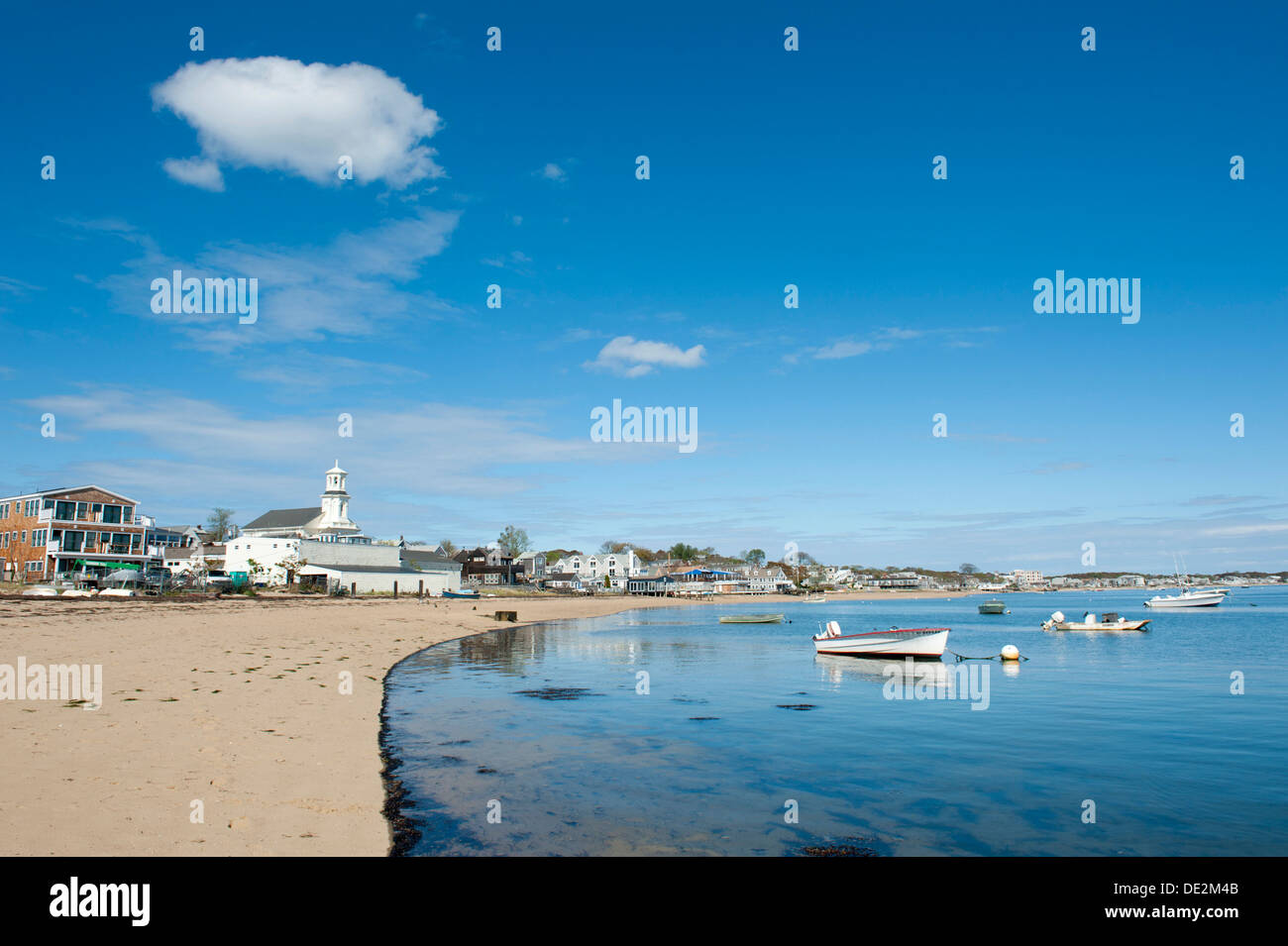 Sandy beach with boats in the sea, Provincetown, Cape Cod, Atlantic, Massachusetts, USA, North America Stock Photo