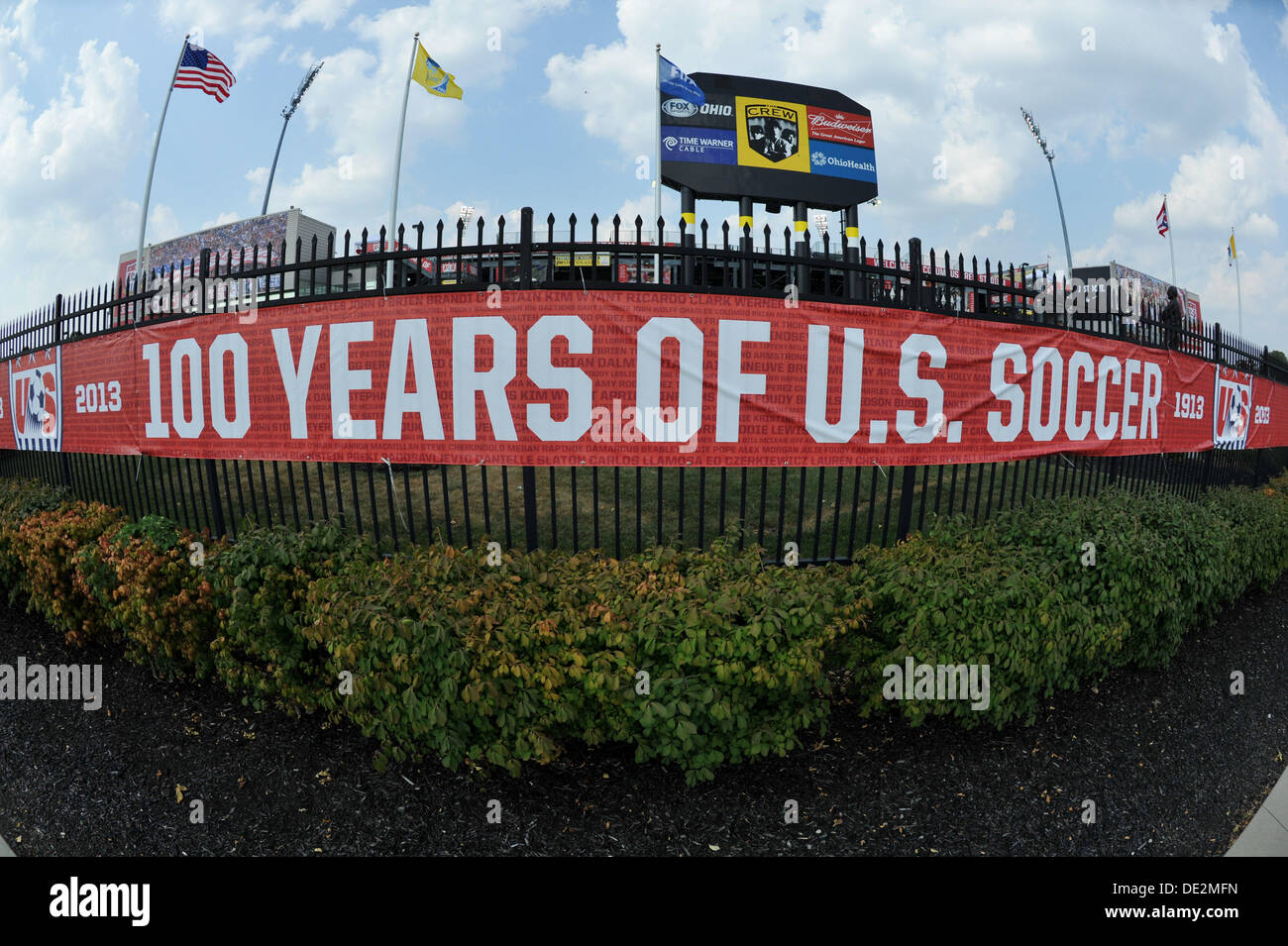 Columbus, Ohio, USA. 10th Sep, 2013. September 10, 2013: 100 hundred years of soccer banner is hung outside Columbus Crew Stadium during the U.S. Men's National Team vs. Mexico National Team- World Cup Qualifier match at Columbus Crew Stadium - Columbus, OH. Credit:  csm/Alamy Live News Stock Photo