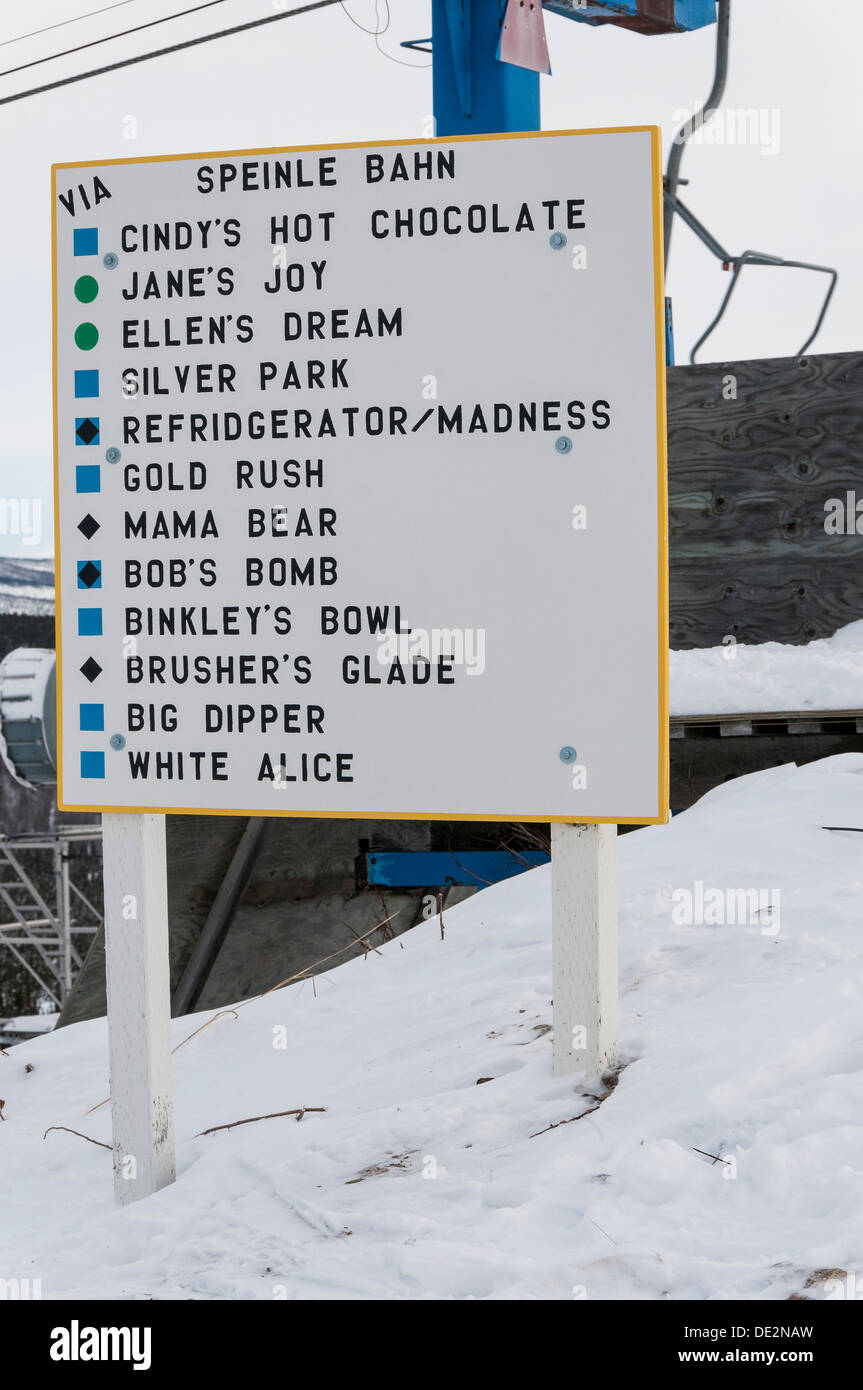 Trail sign, Mount Aurora Skiland ski area, Fairbanks, Alaska Stock