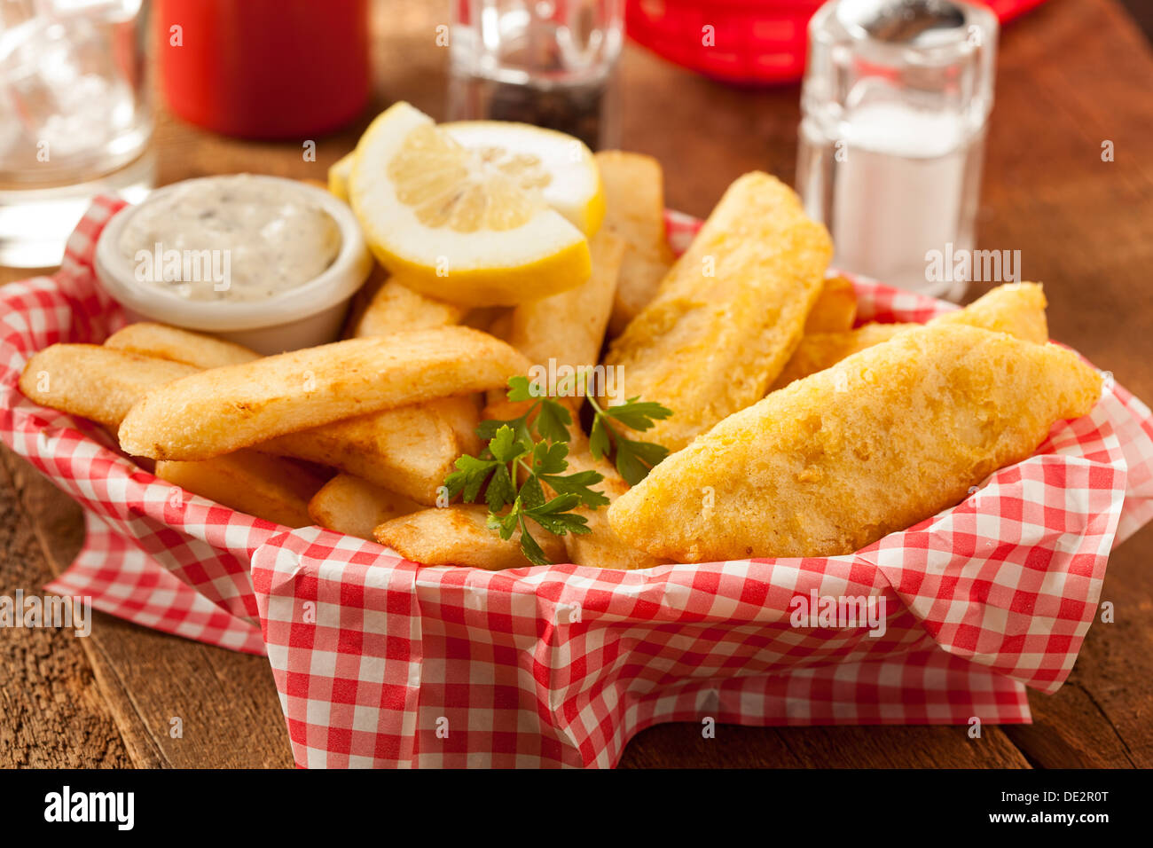 Traditional Fish and Chips with Tartar Sauce Stock Photo