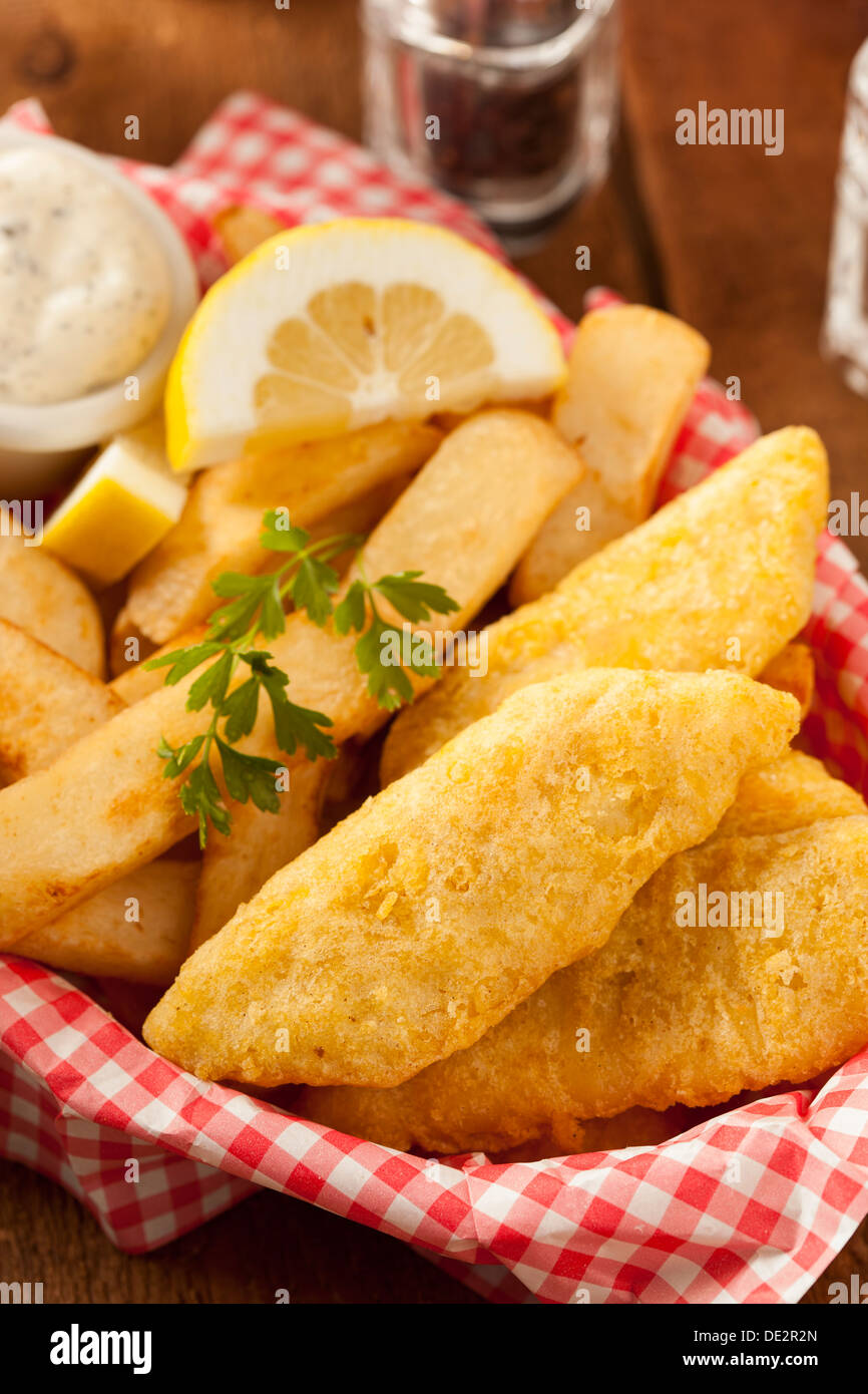 Traditional Fish and Chips with Tartar Sauce Stock Photo
