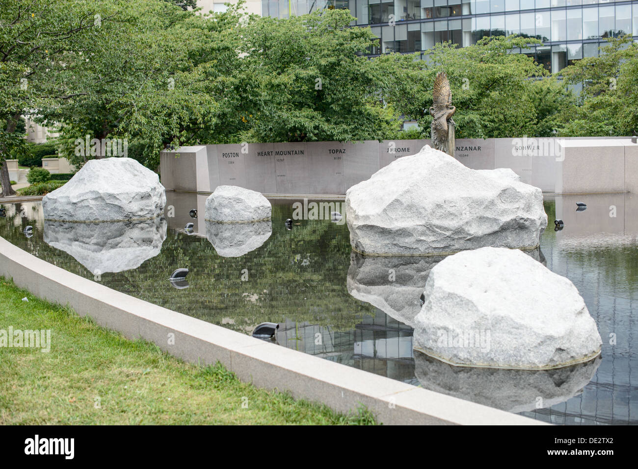 WASHINGTON DC, USA - A reflection pool with large rocks at the Memorial to Japanese-American Patriotism in World War II near the US Capitol in Washington DC. The memorial was designed by Davis Buckley and Nina Akamu and commemorates those held in Japanese American internment camps during World War II. Stock Photo