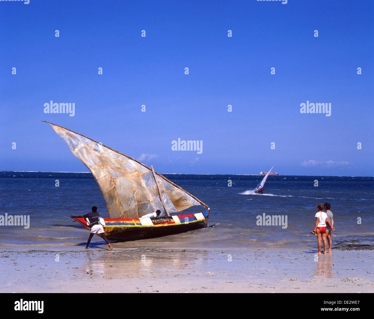 Colourful dugout sailing boat, Mombasa, Mombasa County, Republic of Kenya Stock Photo