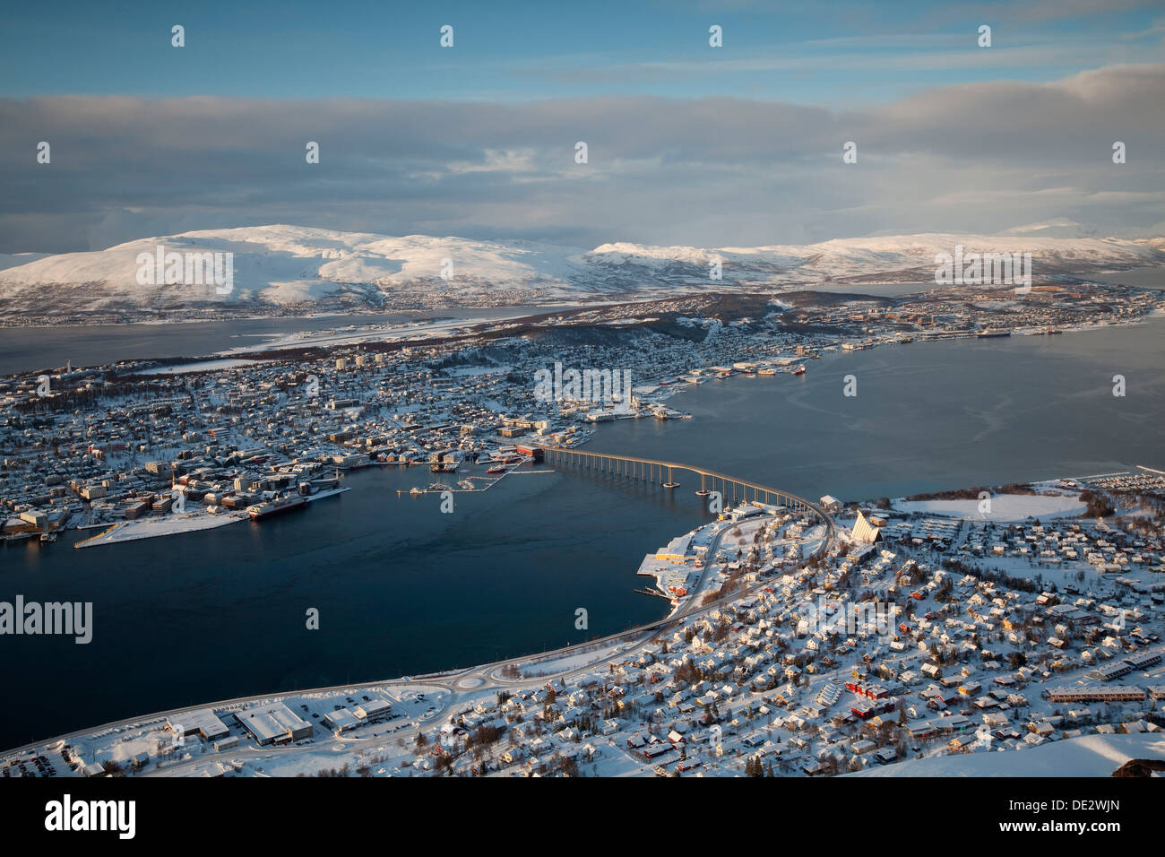 Tromso as seen from Fjellheisen aerial tramway in winter, Tromso, Norway, Europe Stock Photo